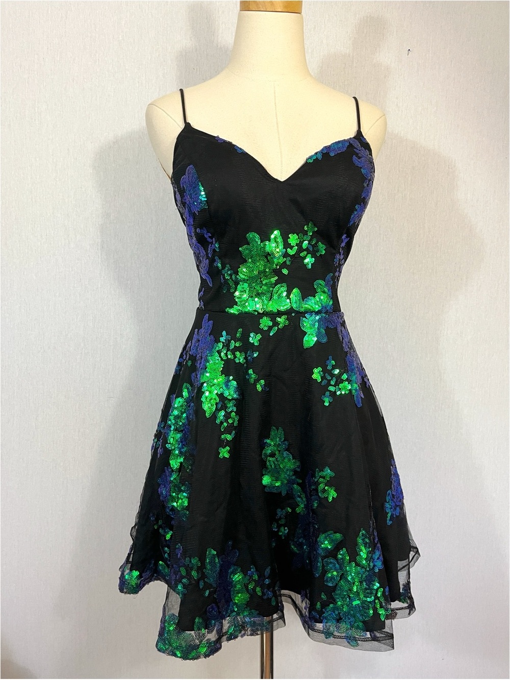 City Studio Black Spaghetti-Strap Dress Green Blue Sequin Floral Embroidery